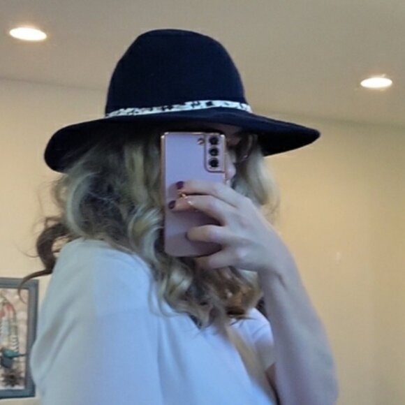 By Anthropologie Cyrus Rancher Soft Trimmed Hat in Navy with Pony Hair Band main image 4